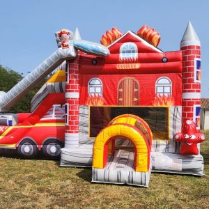 toboggan gonflable camion pompier héros du feu